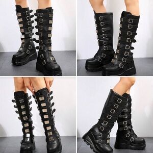 Punk Goth Black Wedge Boots Multi Buckle Black Buckle Knee-High Boots